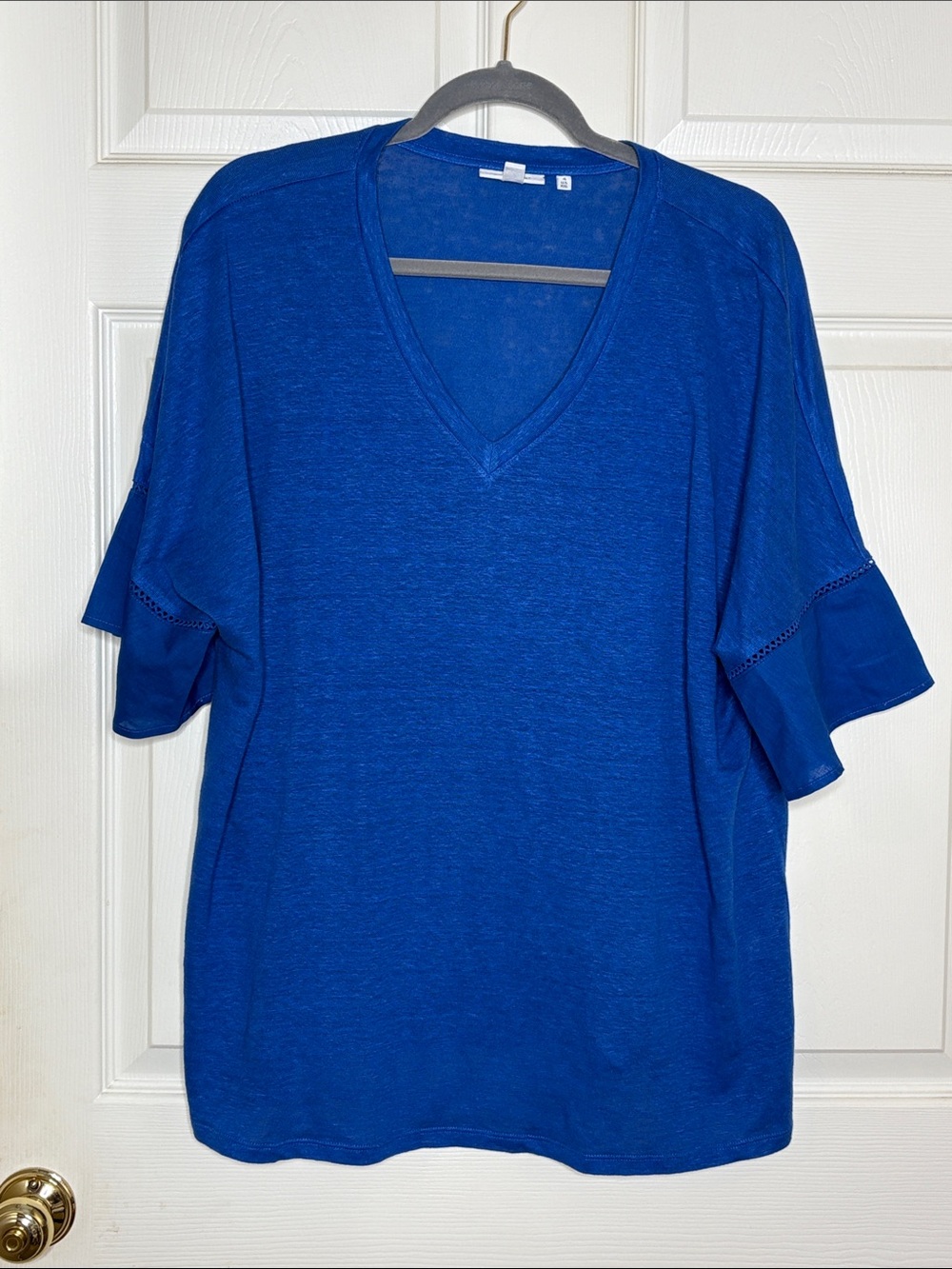 Chico's Linen Royal Blue V-Neck Flutter Sleeve Top